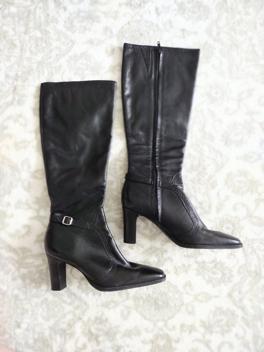 Michelle D Black Genuine Leather Knee-high Heeled Boots